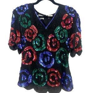 Vintage Stenay Silk Sequin Beaded Top Floral Party Blouse Black Multicolor M